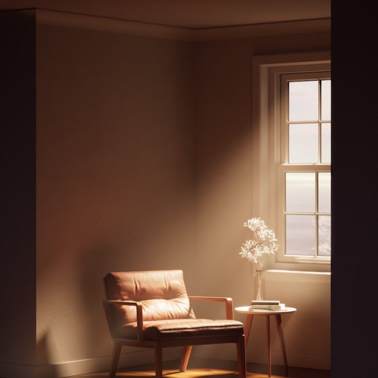 A chair and a table in a room