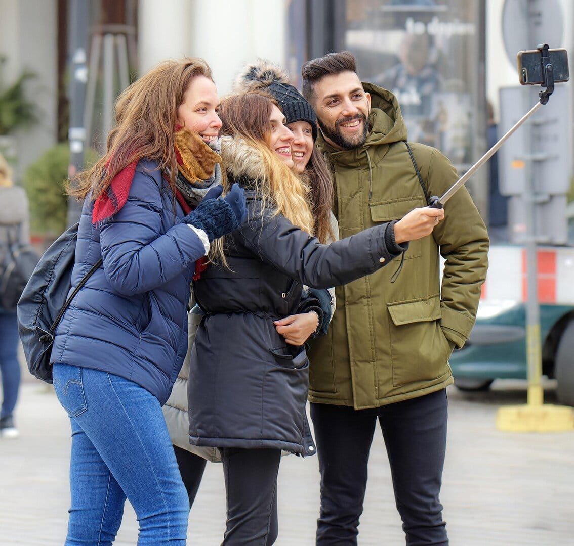 people, tourists, young people, self, group, happy, smartphone, outdoor, urban, town