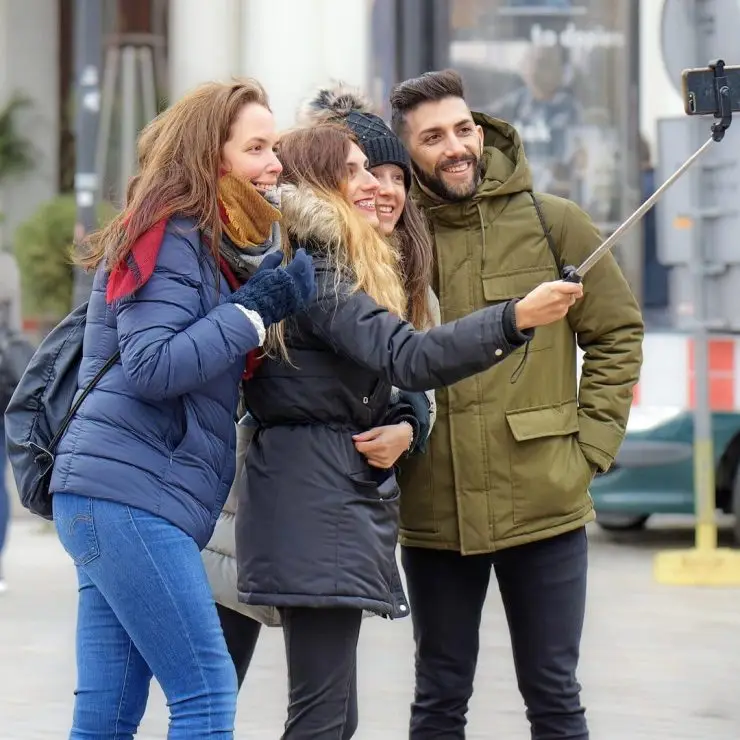 people, tourists, young people, self, group, happy, smartphone, outdoor, urban, town