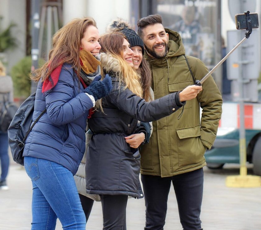 people, tourists, young people, self, group, happy, smartphone, outdoor, urban, town